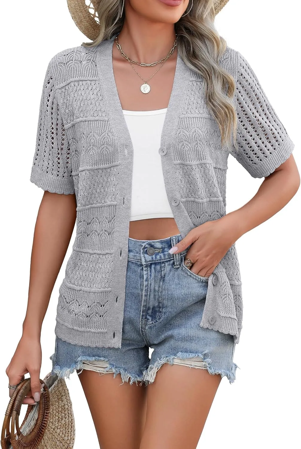 Zeagoo Short Sleeve Crochet Cardigan Button up Bolero Shrug Sweater