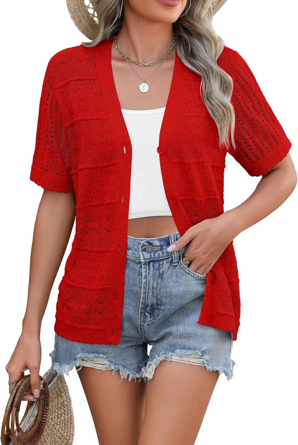 Zeagoo Short Sleeve Crochet Cardigan Button up Bolero Shrug Sweater