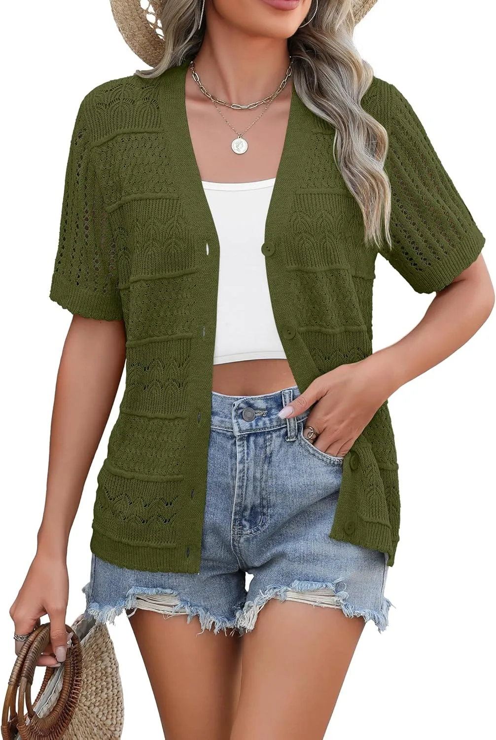 Zeagoo Short Sleeve Crochet Cardigan Button up Bolero Shrug Sweater