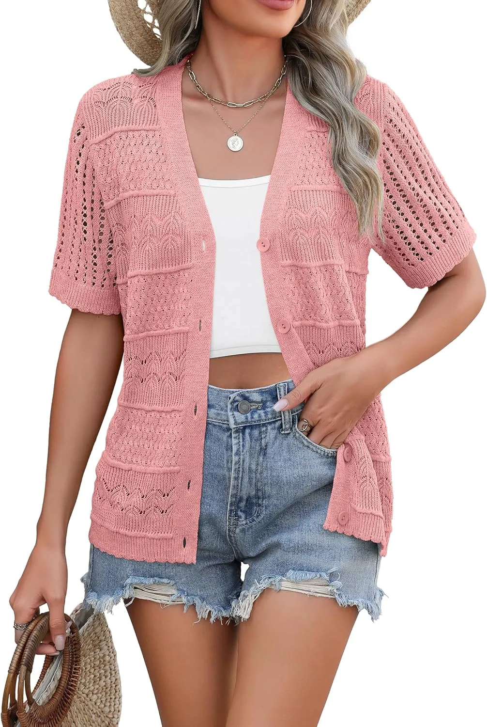 Zeagoo Short Sleeve Crochet Cardigan Button up Bolero Shrug Sweater